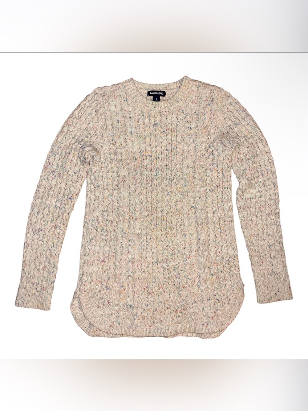 Lands' End Cream Cable-Knit Crewneck Sweater with Multi-Color Flecks